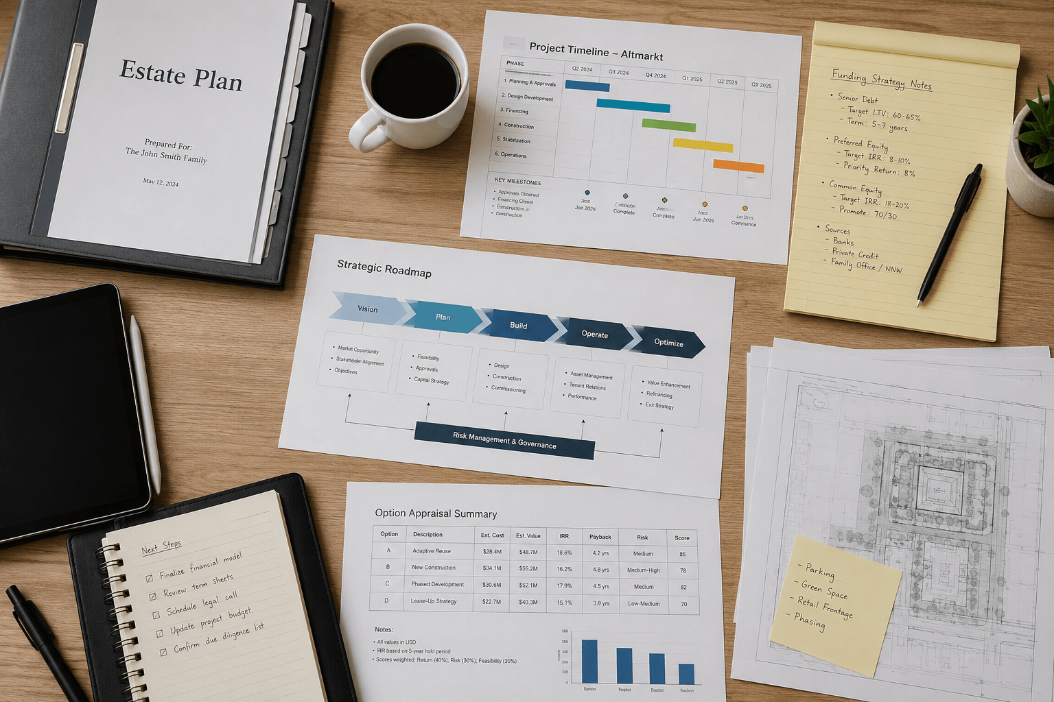 Strategic roadmap and preferred estate option documents on a desk