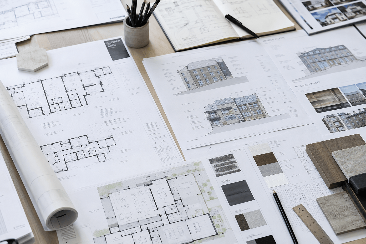 Technical architectural drawings and planning documents for estate improvement