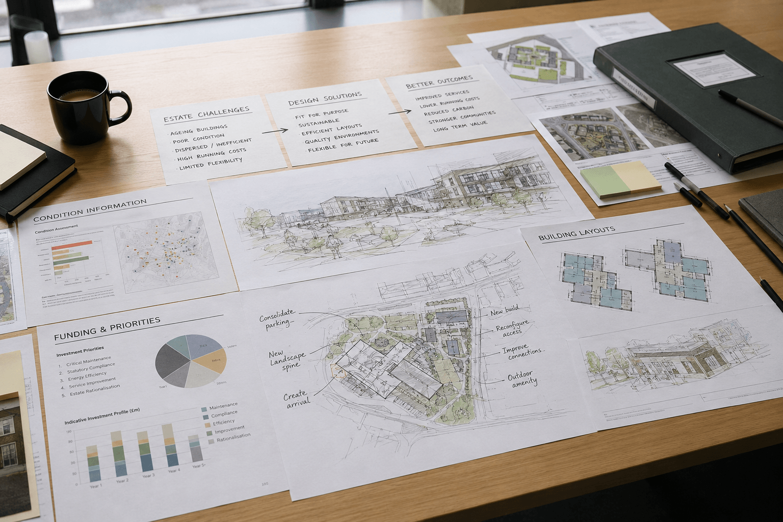 Architectural drawings and estate design information for a public sector project