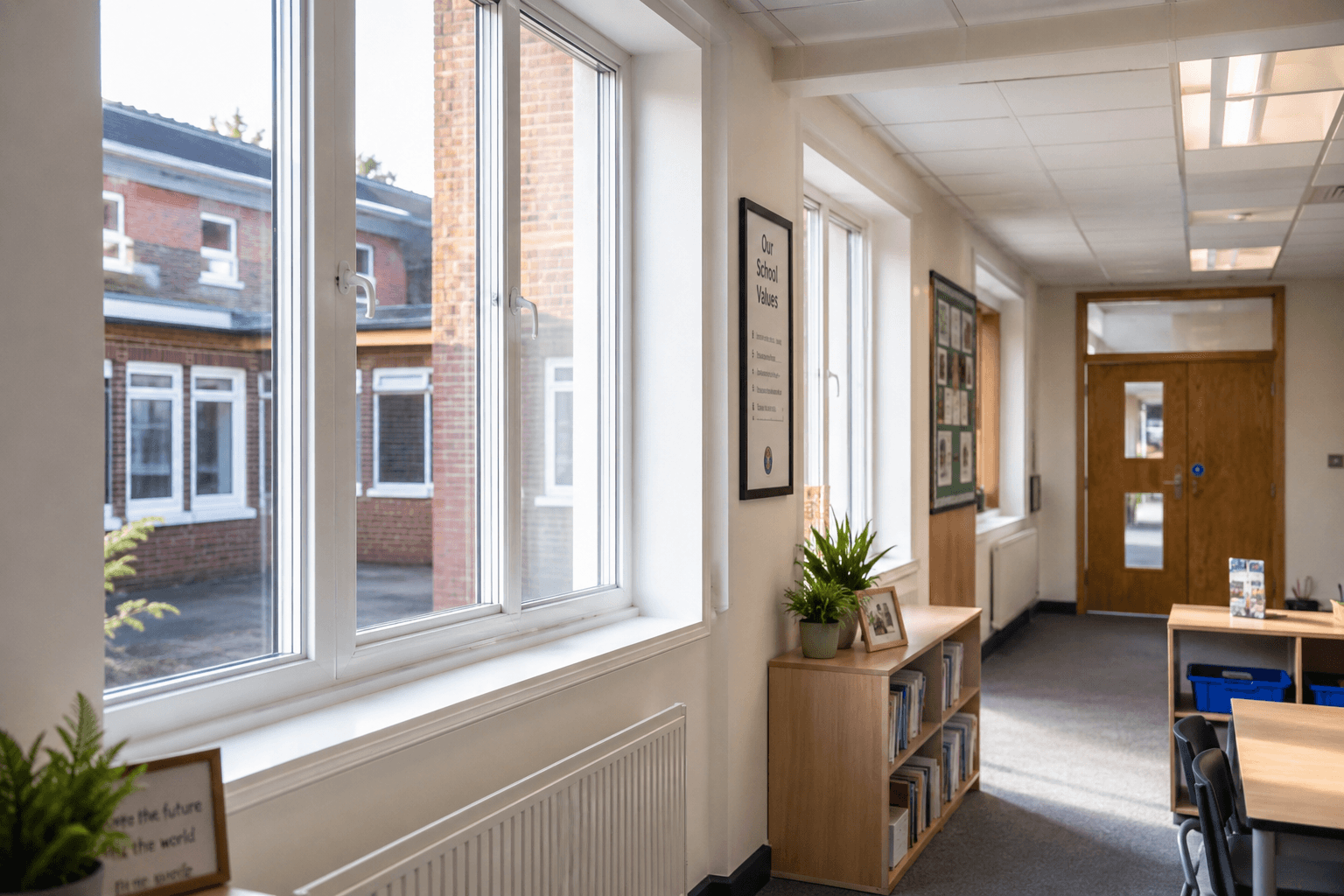 Bright school interior showing natural daylight and improved building fabric