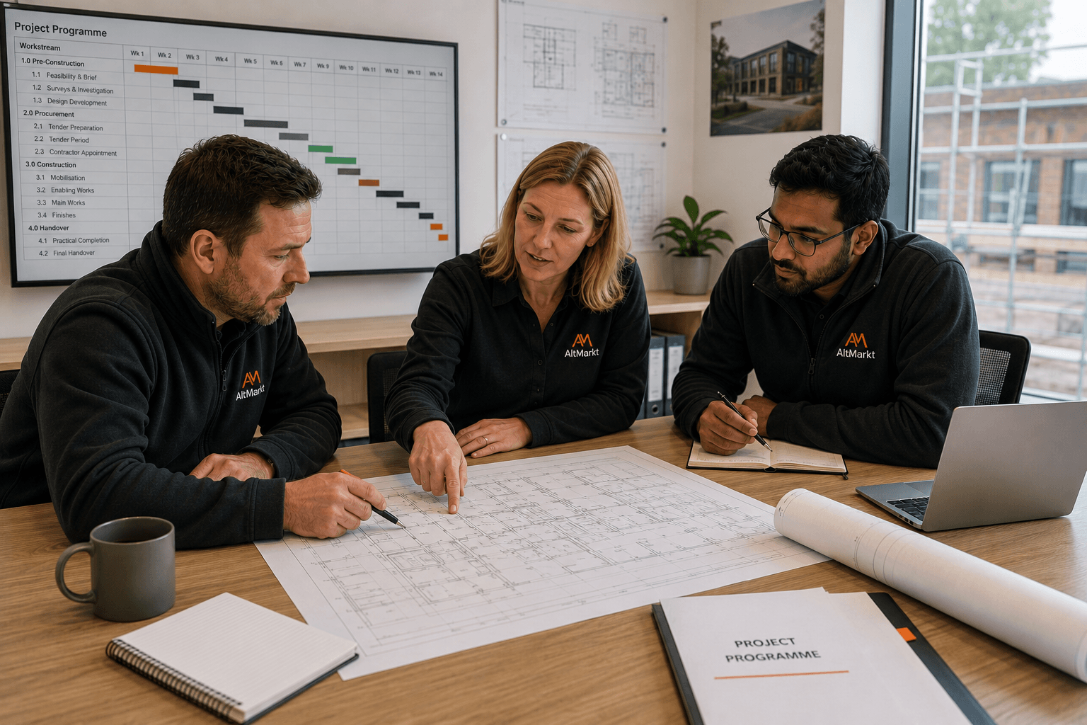 Project planning meeting reviewing programme and construction drawings
