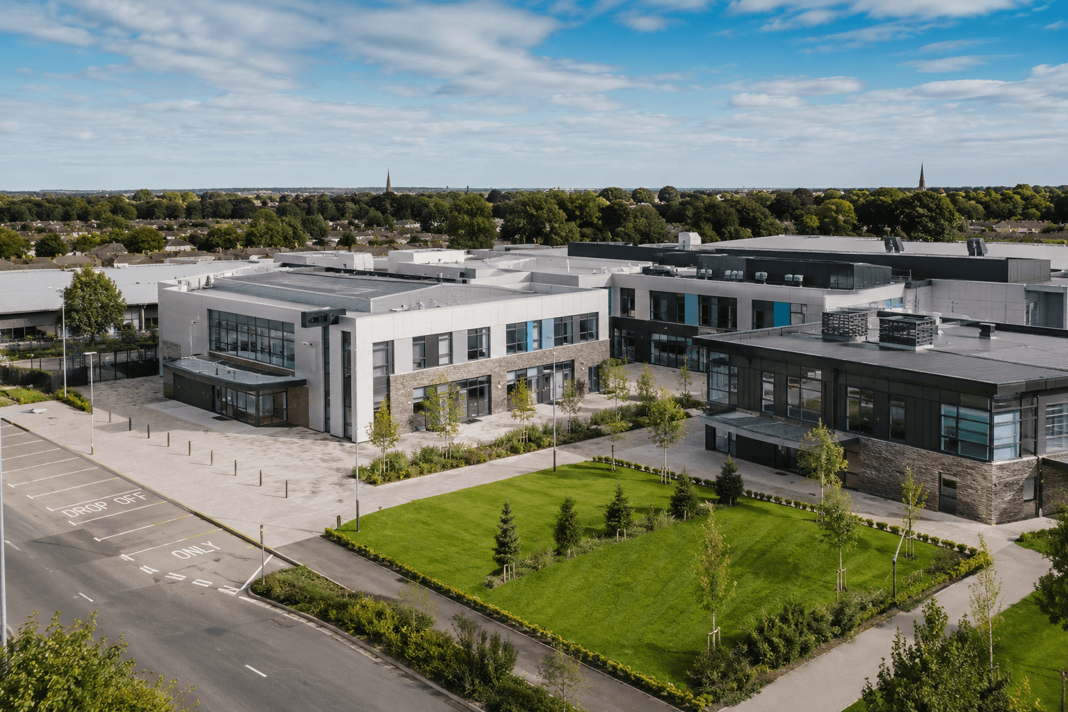 Public sector estate with connected buildings and landscaped grounds