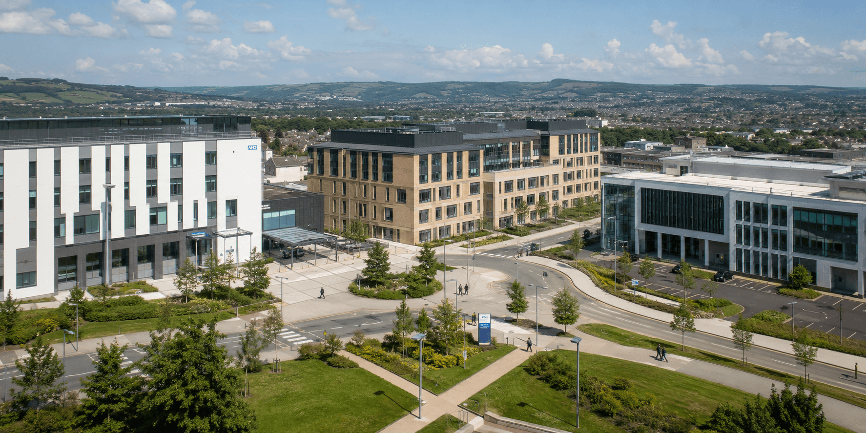 Modern public sector estate with connected civic buildings and landscaped grounds