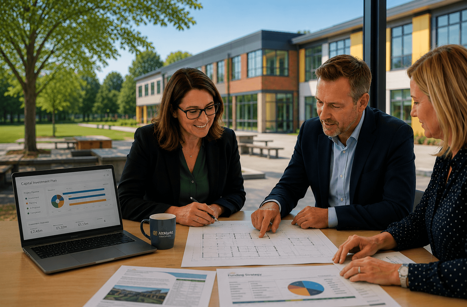 School estate team reviewing capital funding and investment planning documents