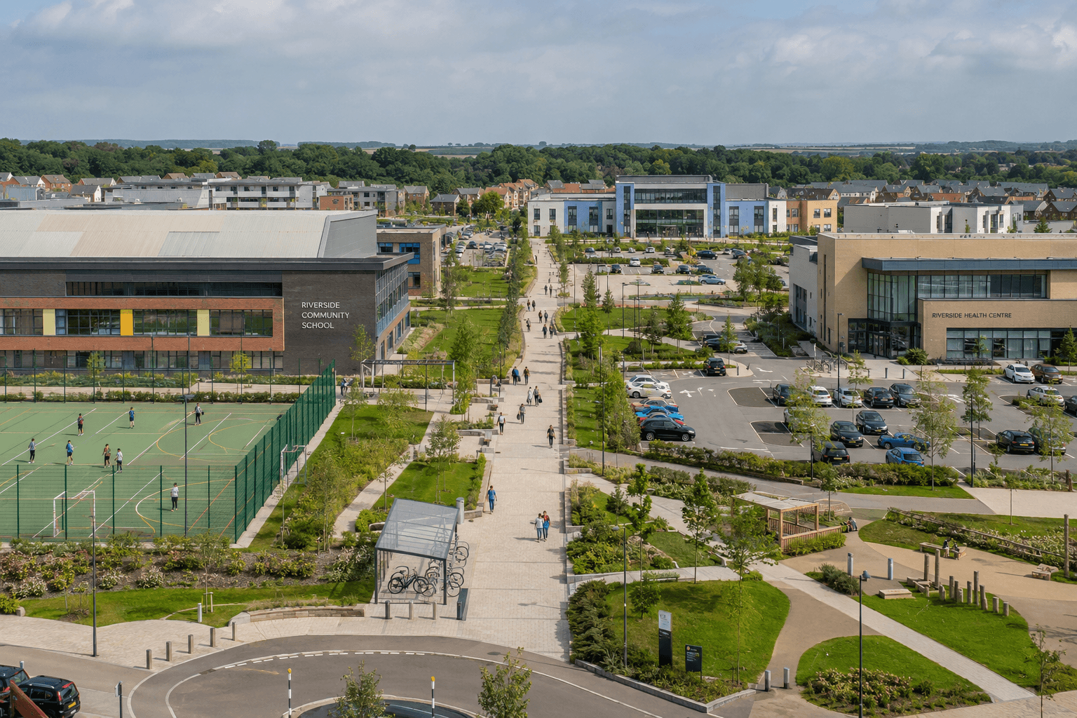 Modern public sector estate showing connected buildings and landscaped routes