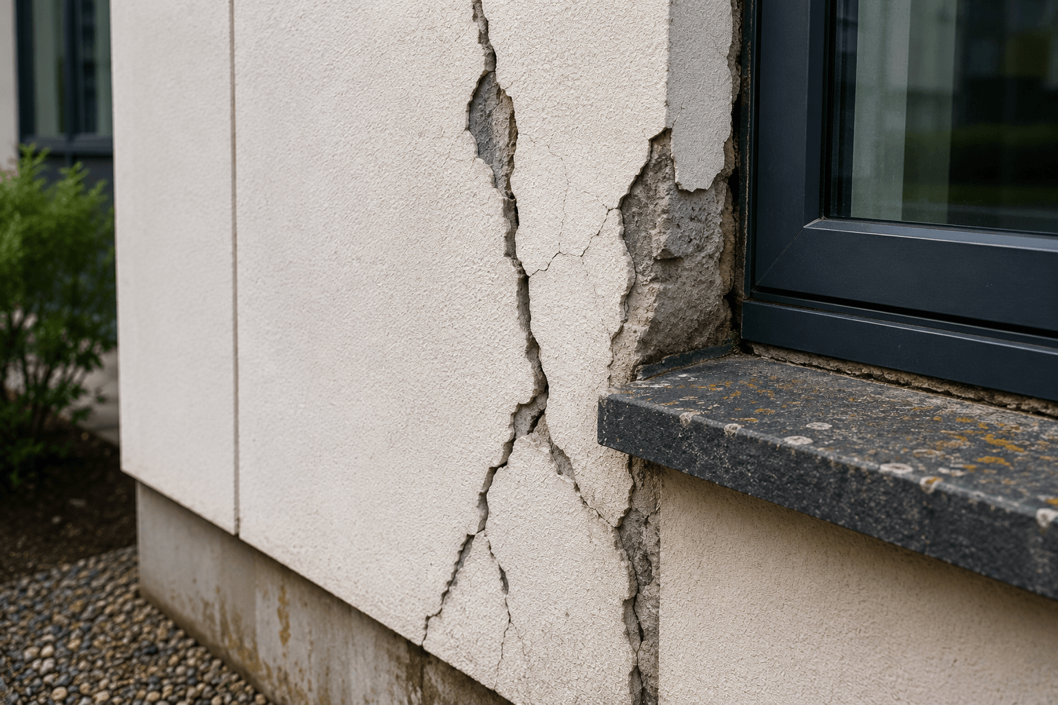 Building defect diagnosis showing cracking and deterioration around a window