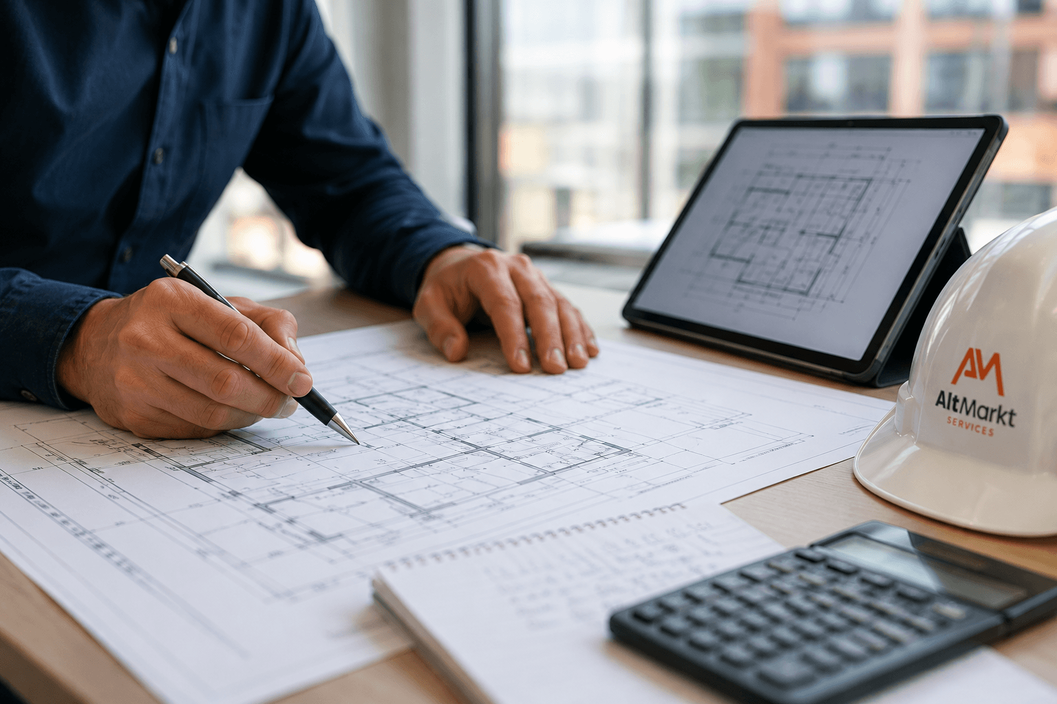 Technical drawings being reviewed as part of a building surveying assessment