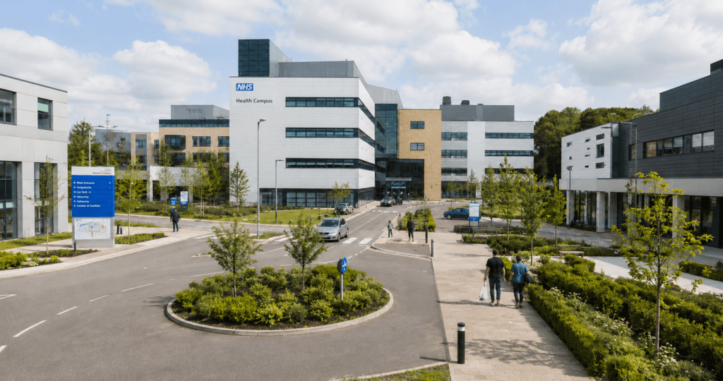 Modern healthcare estate with connected buildings and landscaped grounds