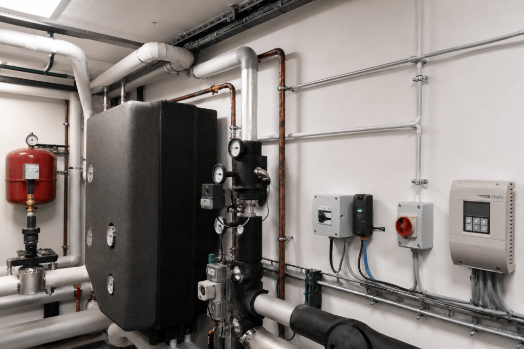 Modern school plant room with building services and energy controls