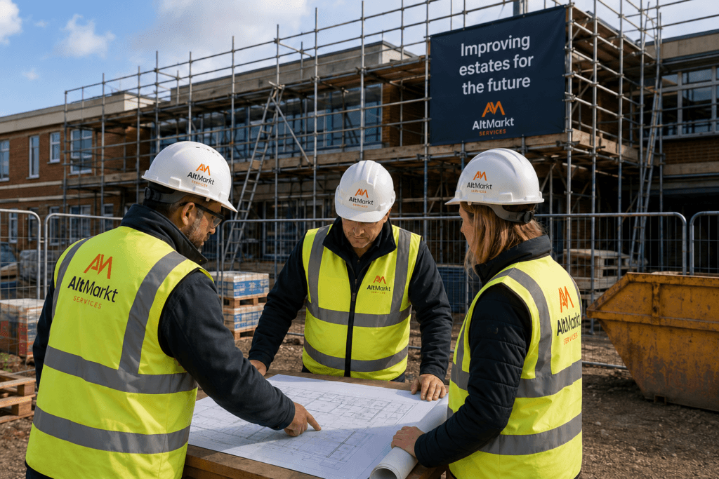 Project management team reviewing plans on a live school construction site